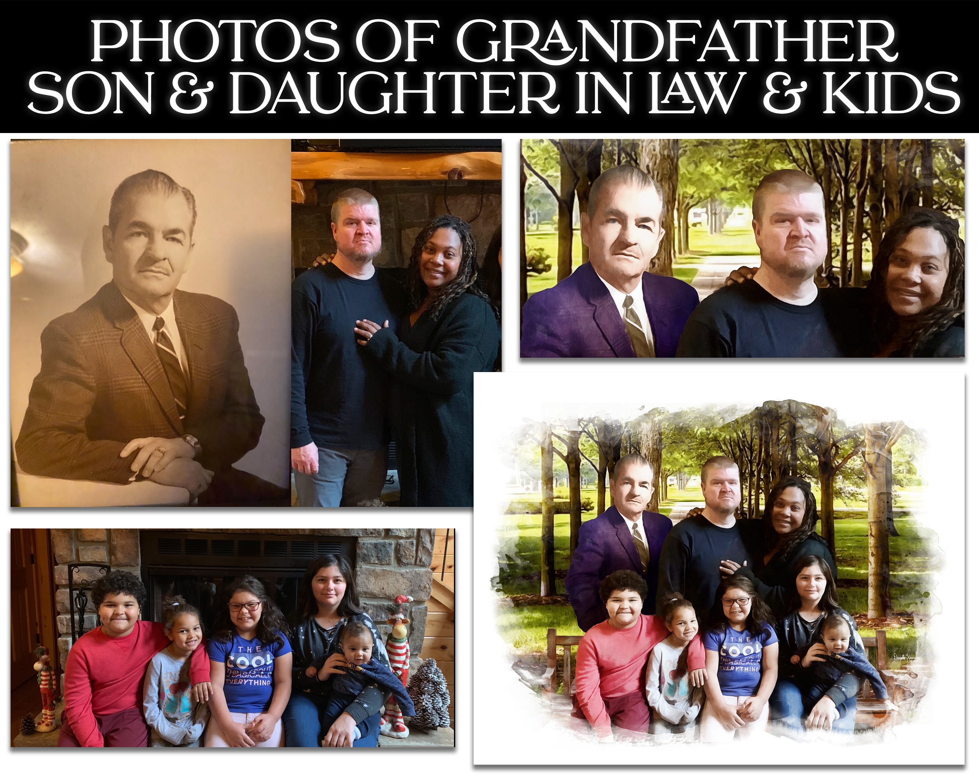 This shows a vintage grandfather photo, parents in a photo, and five kids, then all combined.