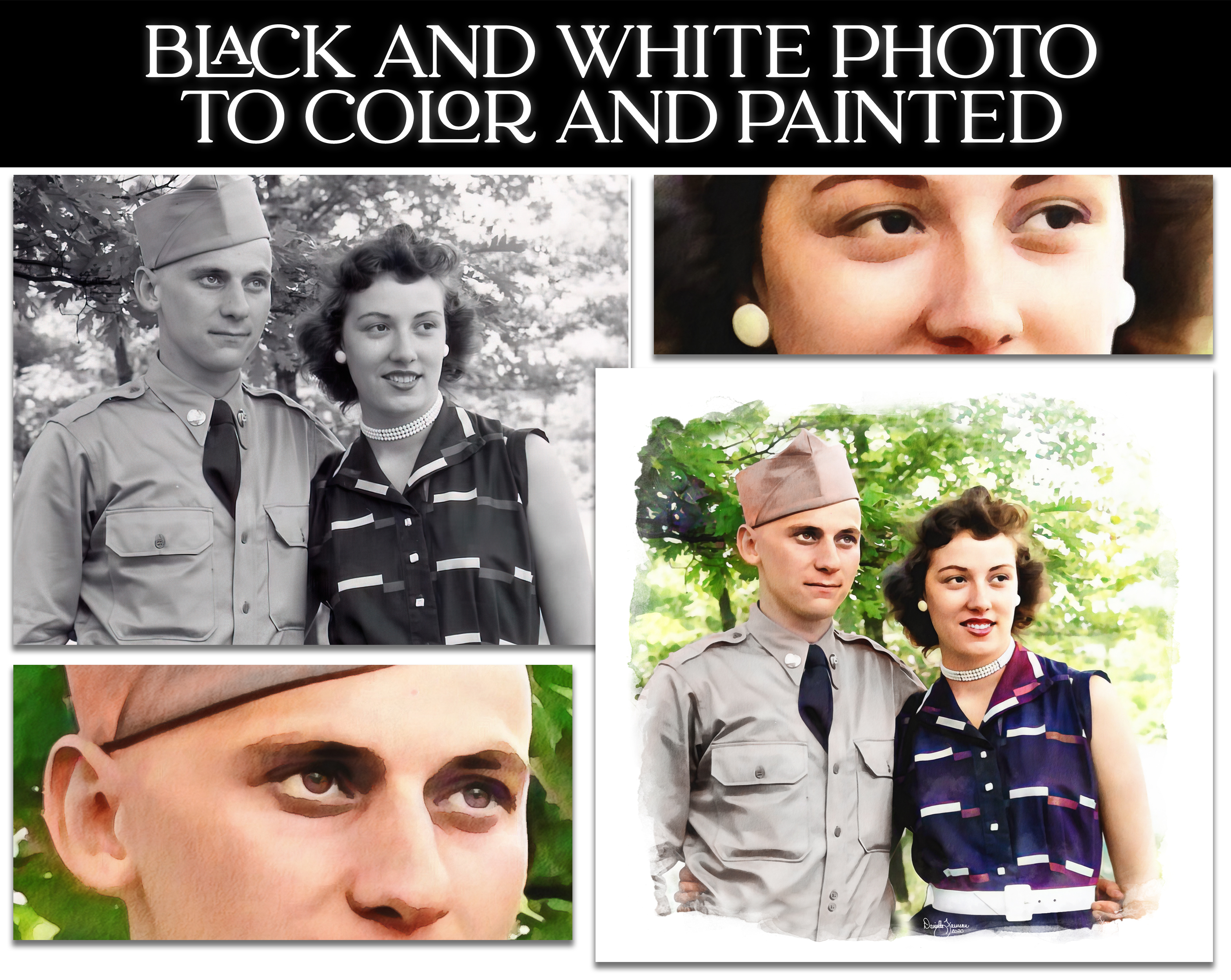 Retro greyscale photo repainted as color