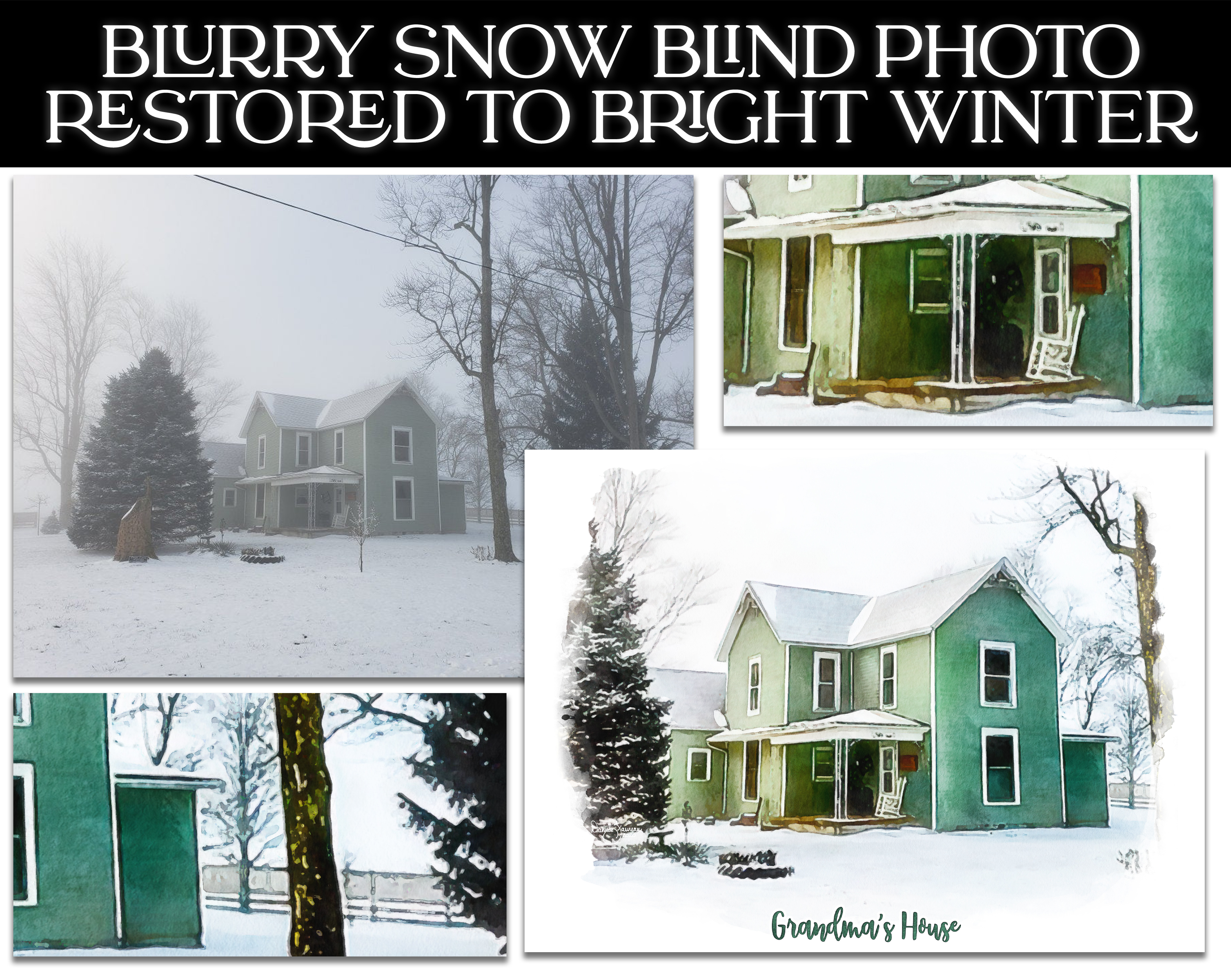 This photo shows the original blurry photo taken at an angle and the final portrait.