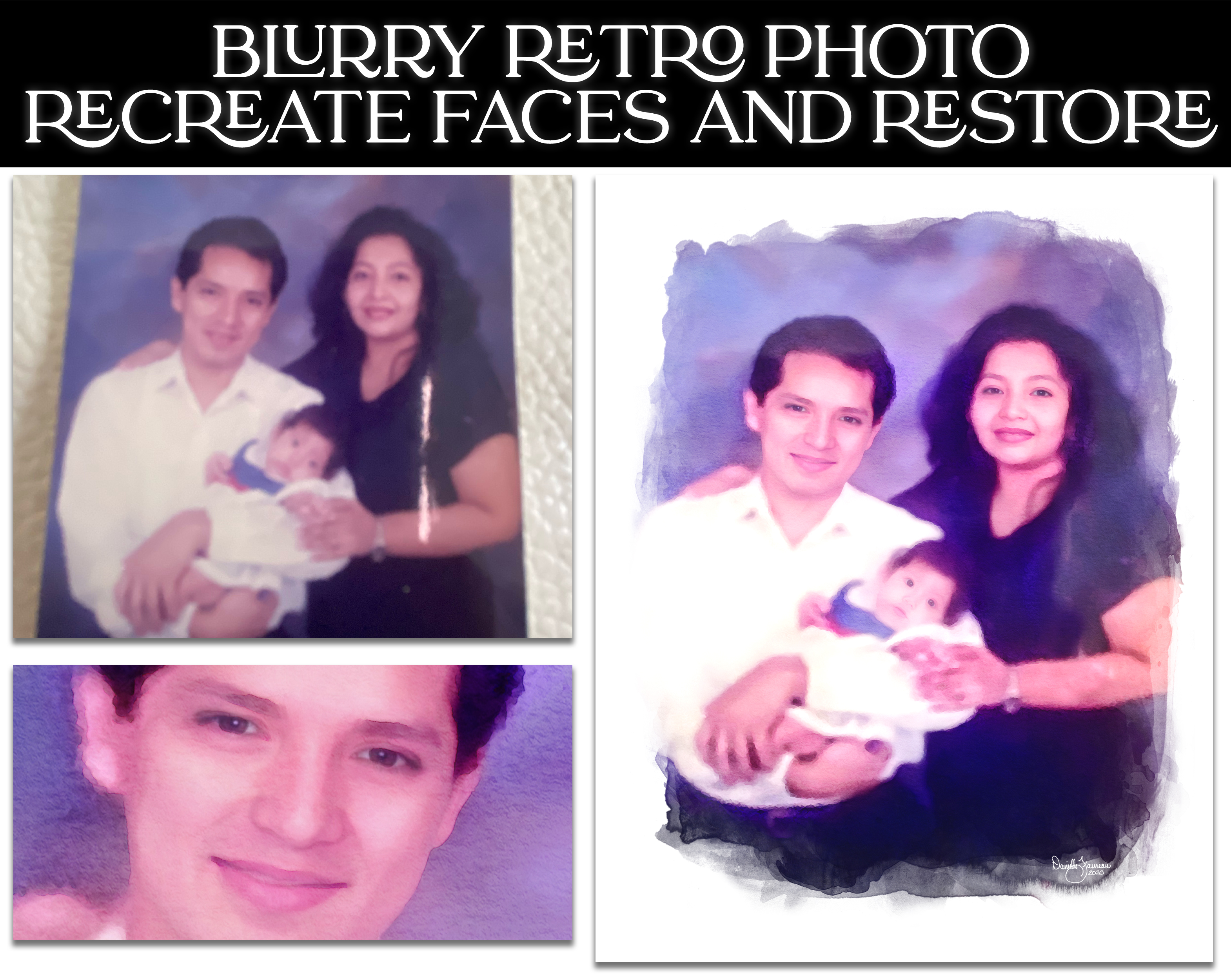This photo shows the original blurry photo taken at an angle and the final portrait.