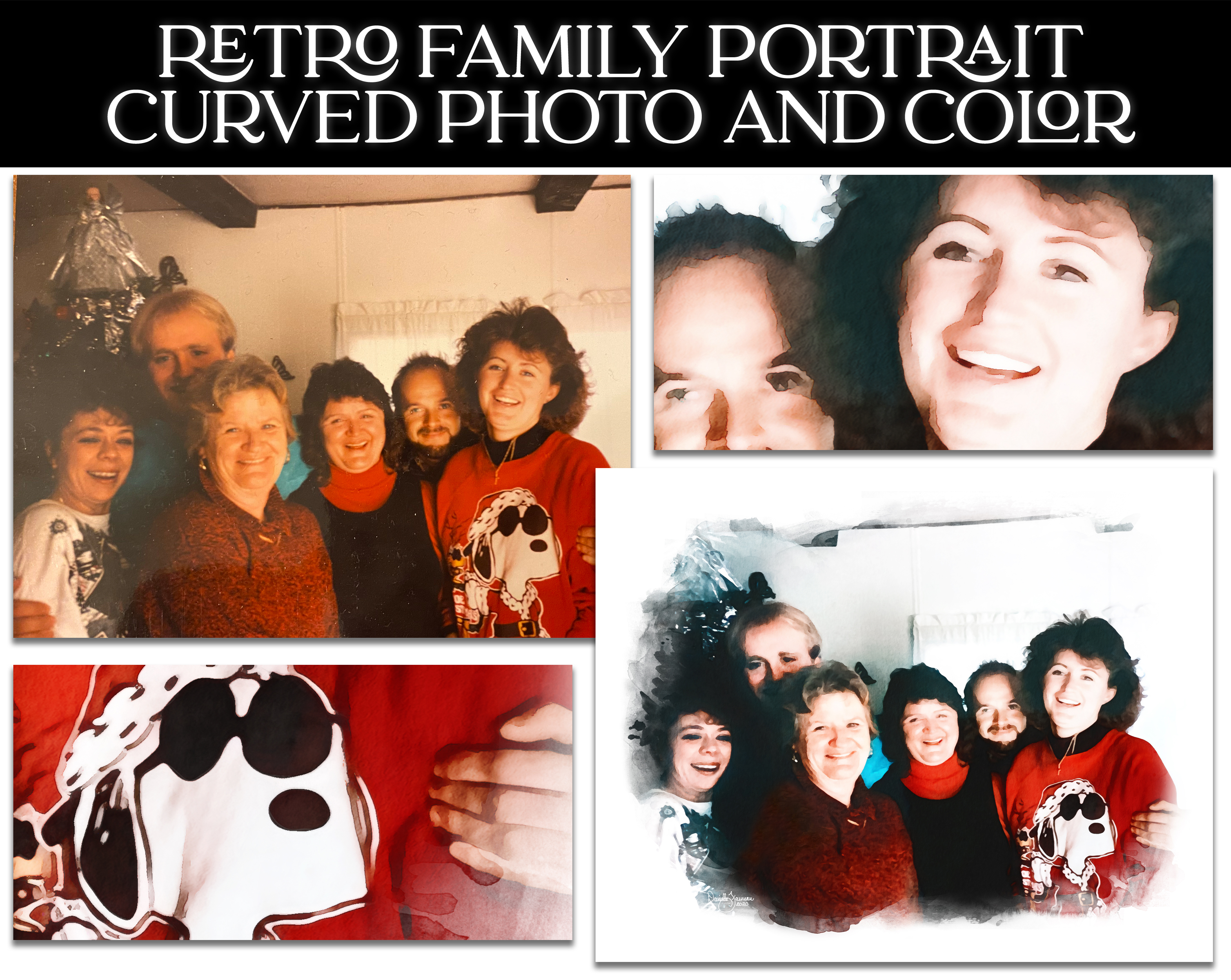 This photo shows a retro christmas photo of a family that is very yellow and blurry, redone to a clear portrait.