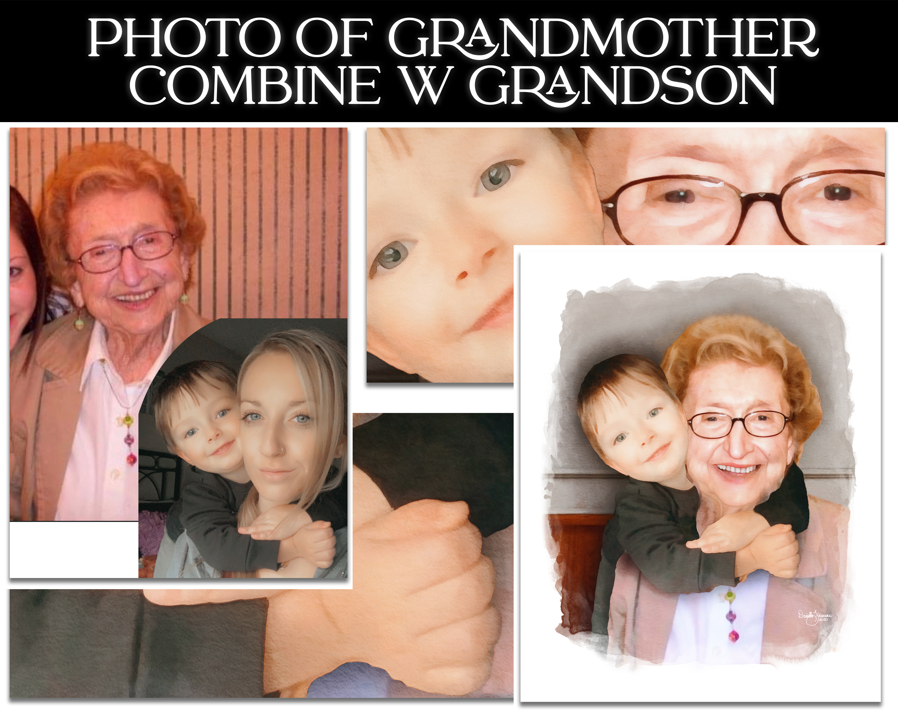 This photo shows the before photos of a mom and young son and a grandmother, and the combined photo of the boy hugging his grandma.
