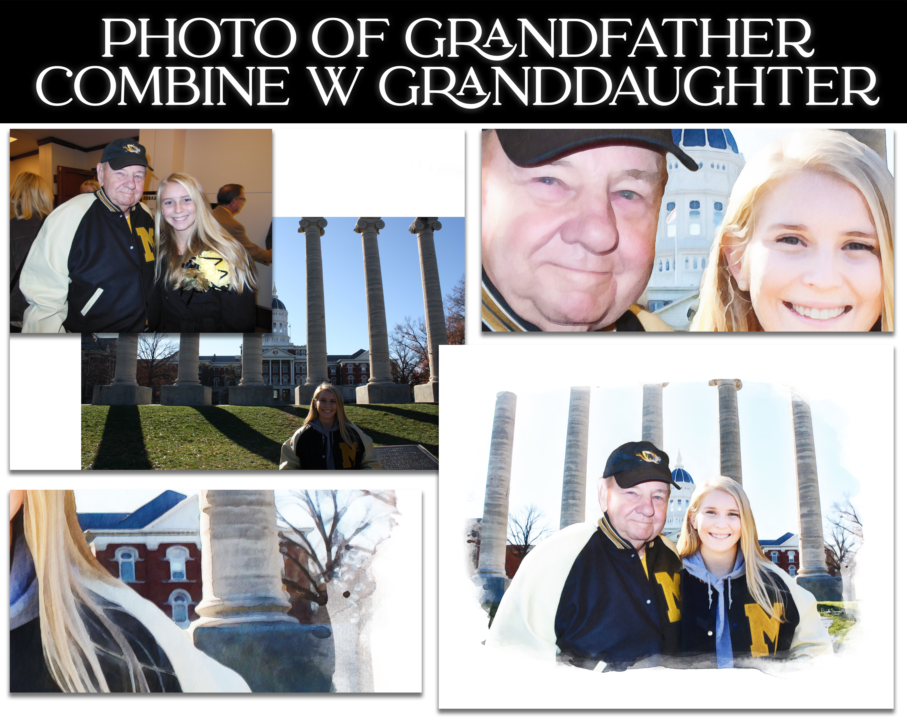 This photo shows the before photos of a grandfather and granddaughter and a separate photo of the granddaughter infront of her university, then them combined.