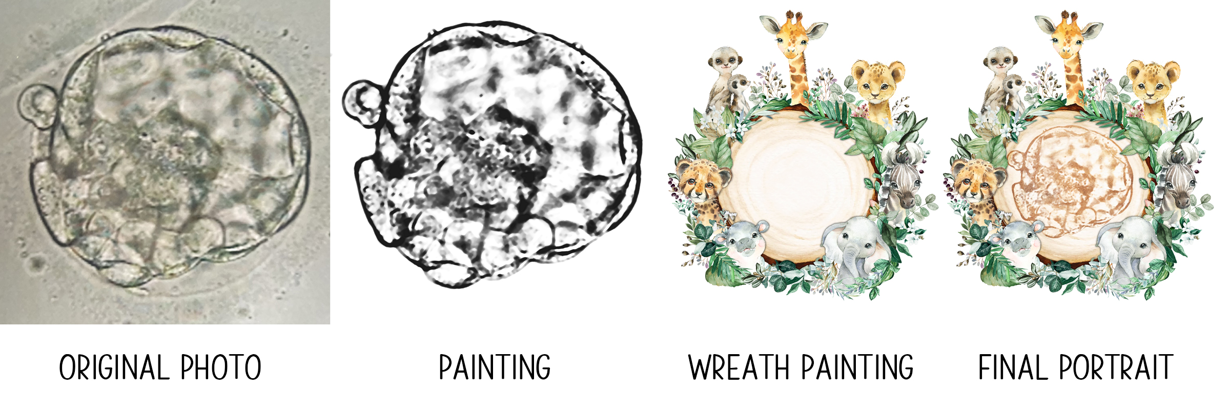 Steps showing the original photo, the embryo painting, a wreath background that was previously painted, and the final portrait.